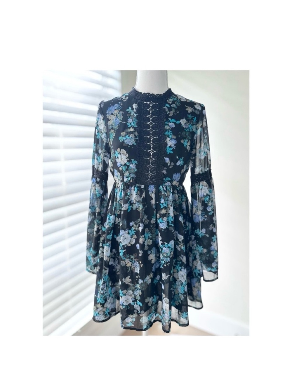 Navy Floral Lace-Front Long Sleeve Mini Dress